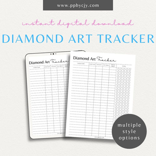 Diamond Art Tracker Printable Template – Digital Download for Monitoring Diamond Painting Projects with sections for tracking project details, colors, and progress.