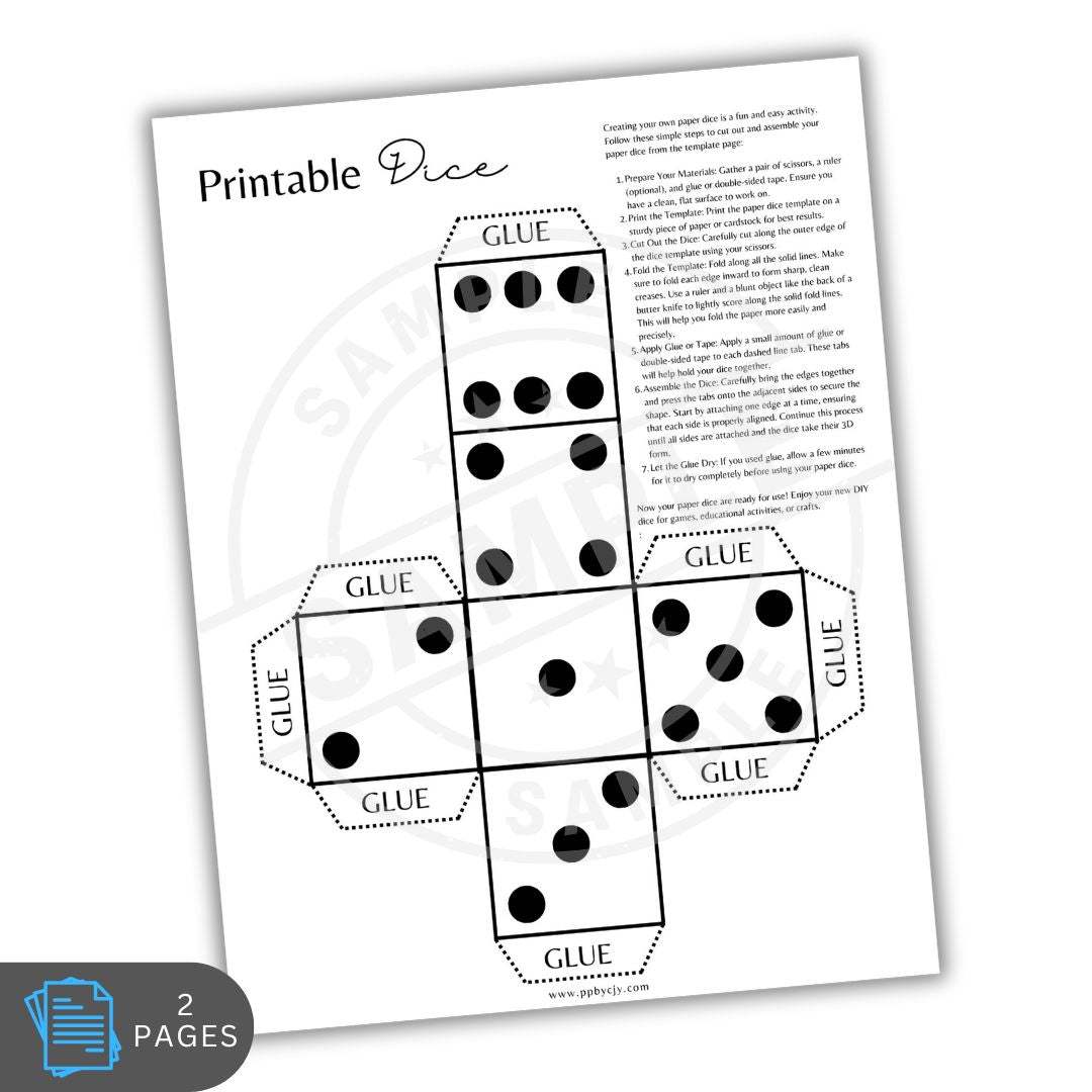 Printable dice template with glue instructions on a white background
