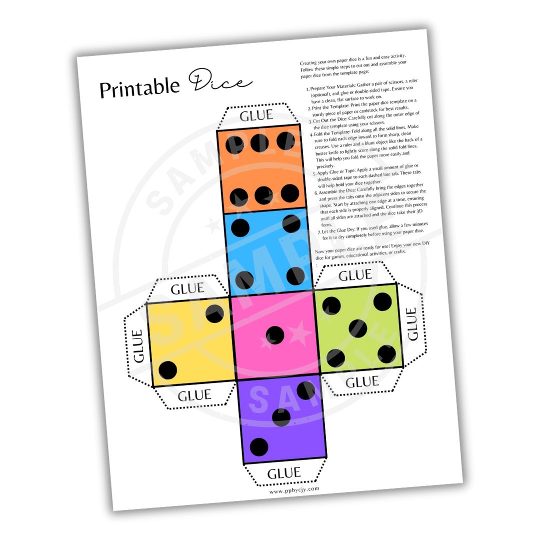 Colorful dice template with glue instructions on a white background