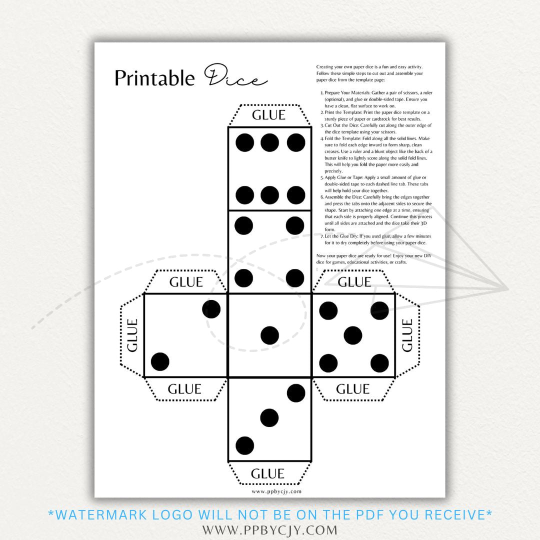 Printable dice template with foldable sides and numbered faces for easy assembly and game use.

