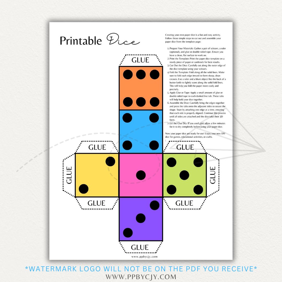 Printable dice template with foldable sides and numbered faces for easy assembly and game use.

