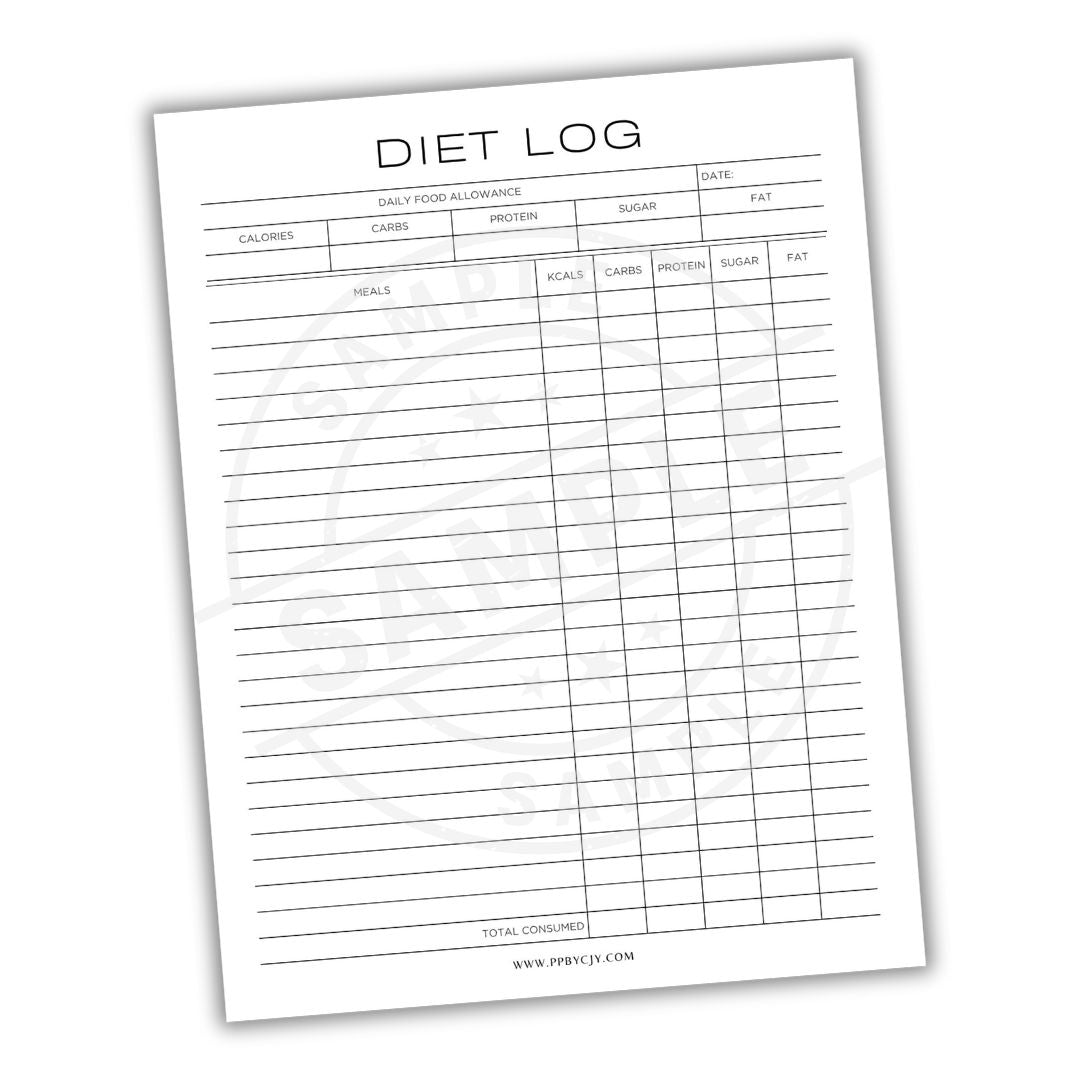 Diet log sheet with columns for daily food allowance, calories, carbs, protein, sugar, and fat.