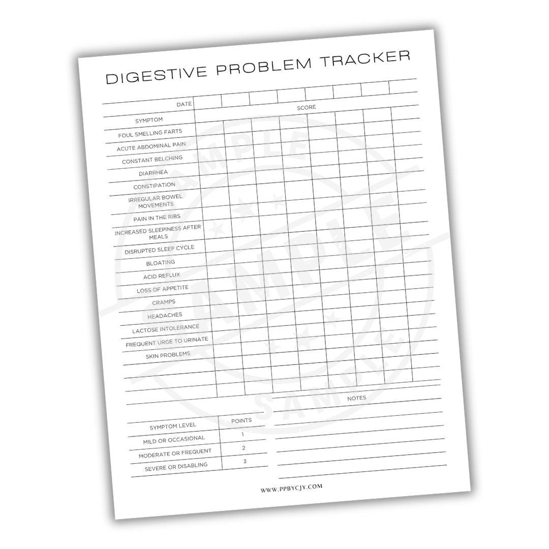 Digestive problem tracker sheet on a white background