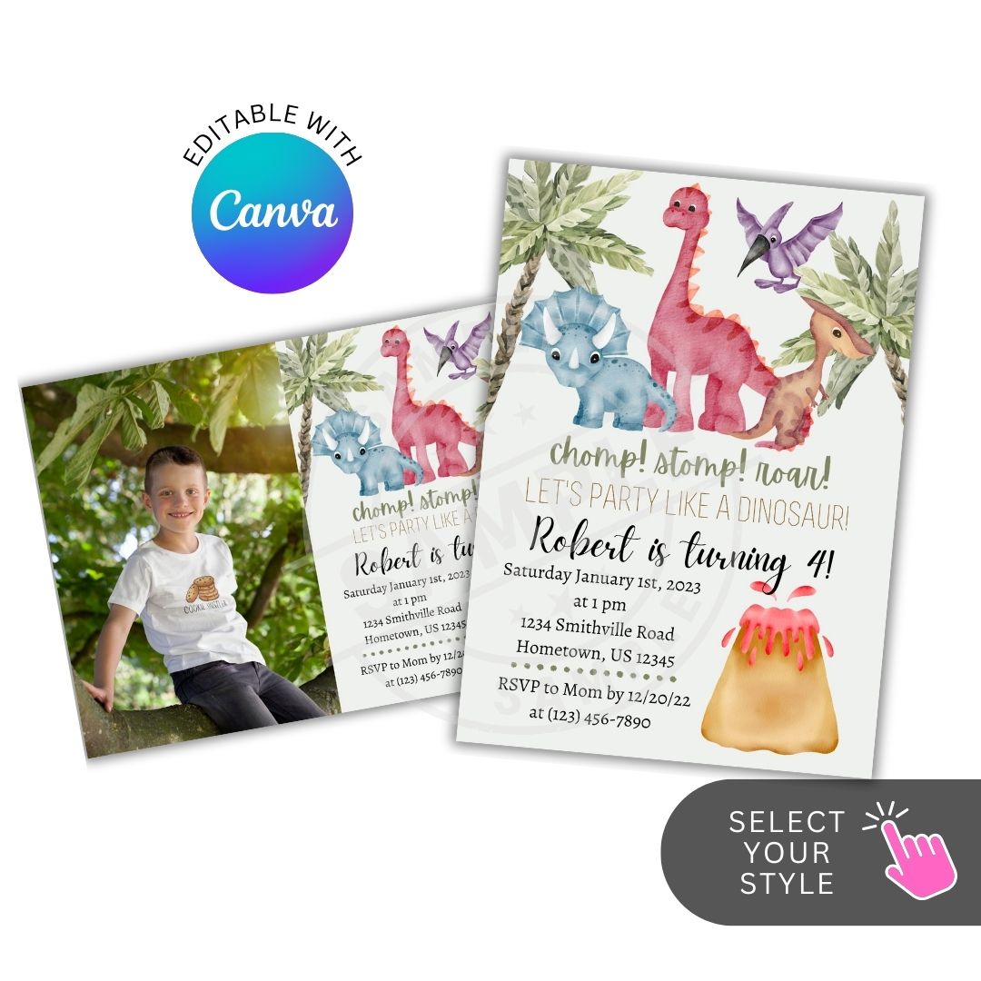 Dinosaur-themed birthday invitation with editable Canva logo and child's photo.
