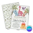 Dinosaur-themed birthday party invitation with colorful dinosaurs on a white background