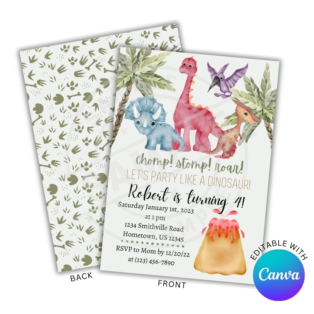 Dinosaur-themed birthday party invitation with colorful dinosaurs on a white background