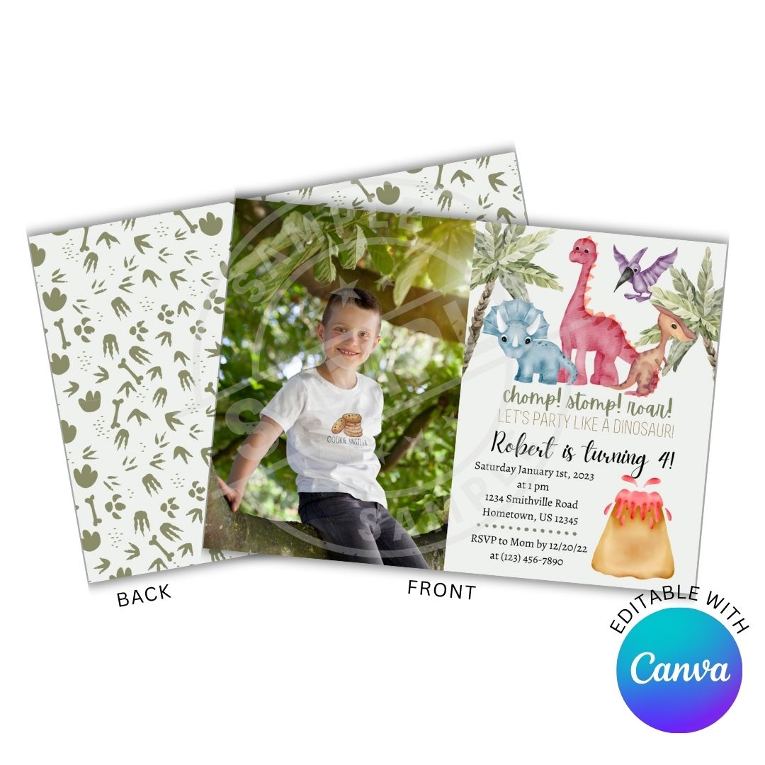 Dinosaur-themed birthday invitation with a photo of a child, featuring Canva branding.
