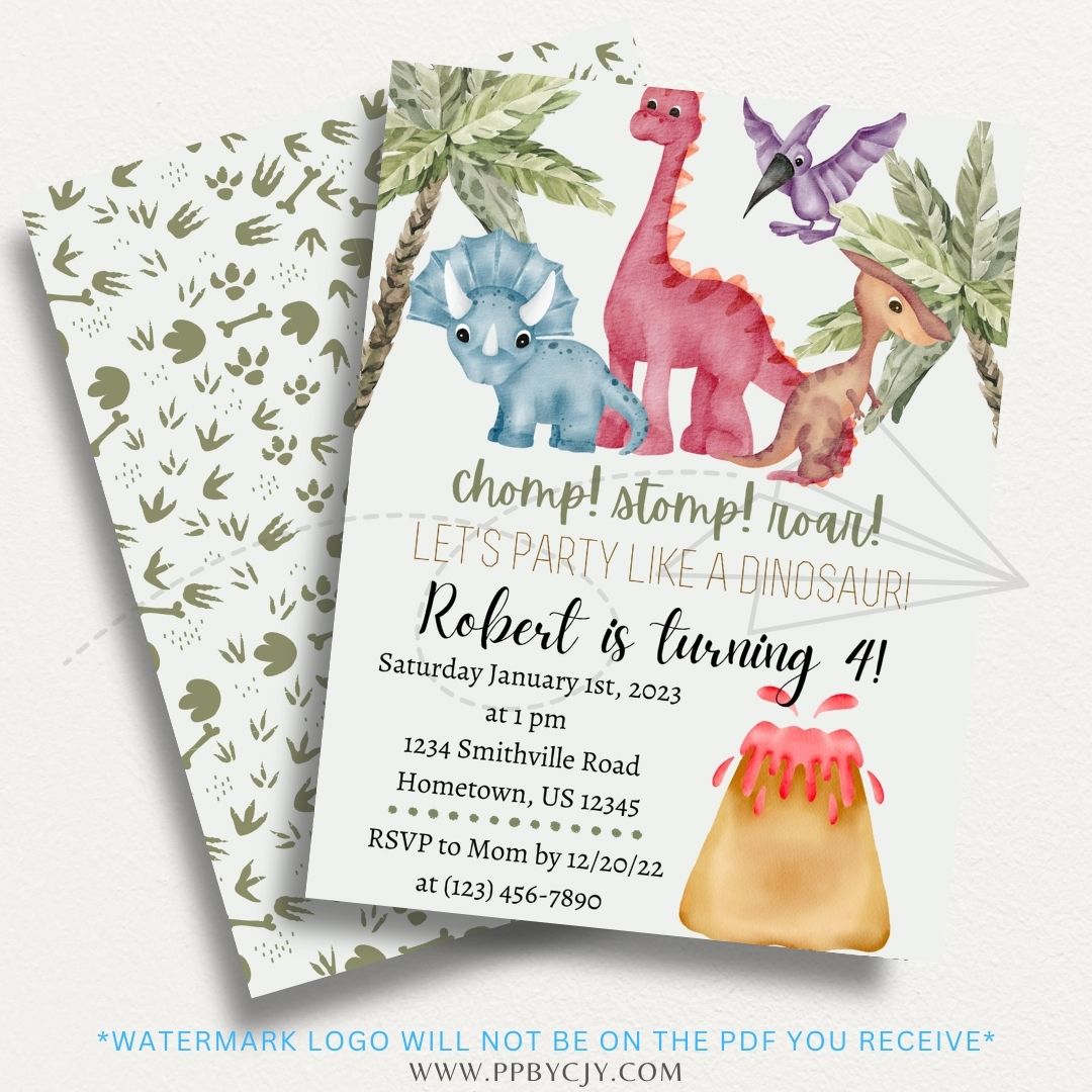 Dinosaur Theme Printable Invitation featuring fun dinosaur illustrations and vibrant designs, perfect for dinosaur-themed birthday parties and events.

