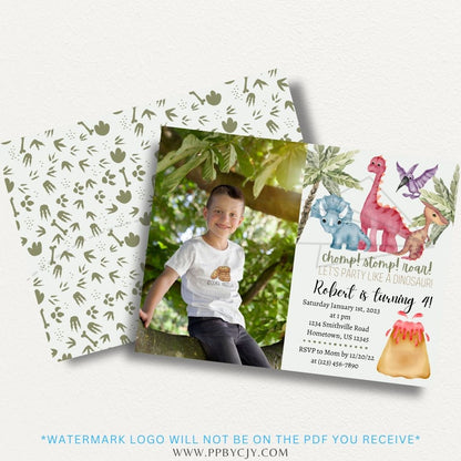 Dinosaur Theme Printable Invitation featuring fun dinosaur illustrations and vibrant designs, perfect for dinosaur-themed birthday parties and events.

