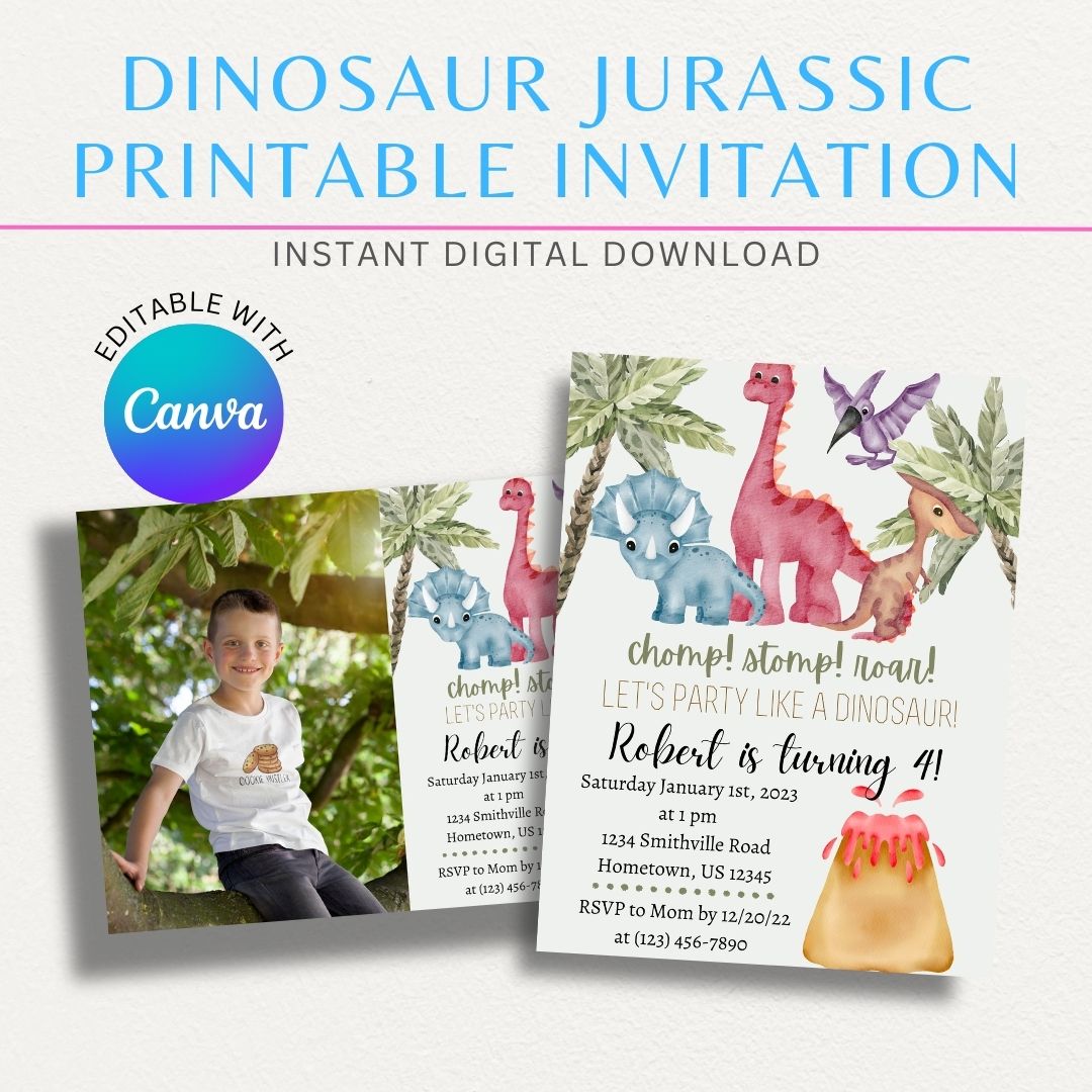 Dinosaur Theme Printable Invitation featuring fun dinosaur illustrations and vibrant designs, perfect for dinosaur-themed birthday parties and events.

