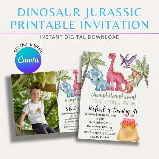 Dinosaur Theme Printable Invitation featuring fun dinosaur illustrations and vibrant designs, perfect for dinosaur-themed birthday parties and events.

