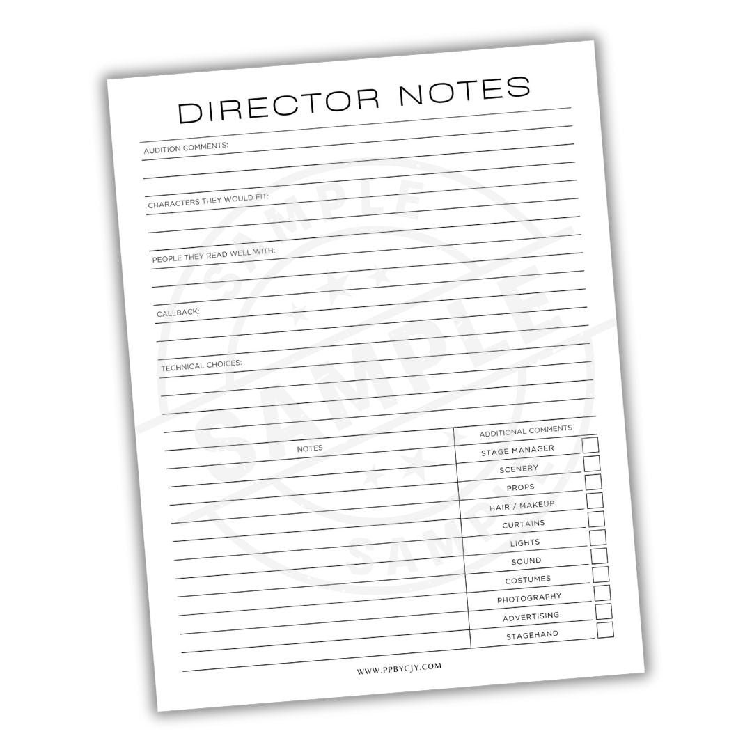 Sheet of paper titled 'Director Notes' with various columns for writing notes.