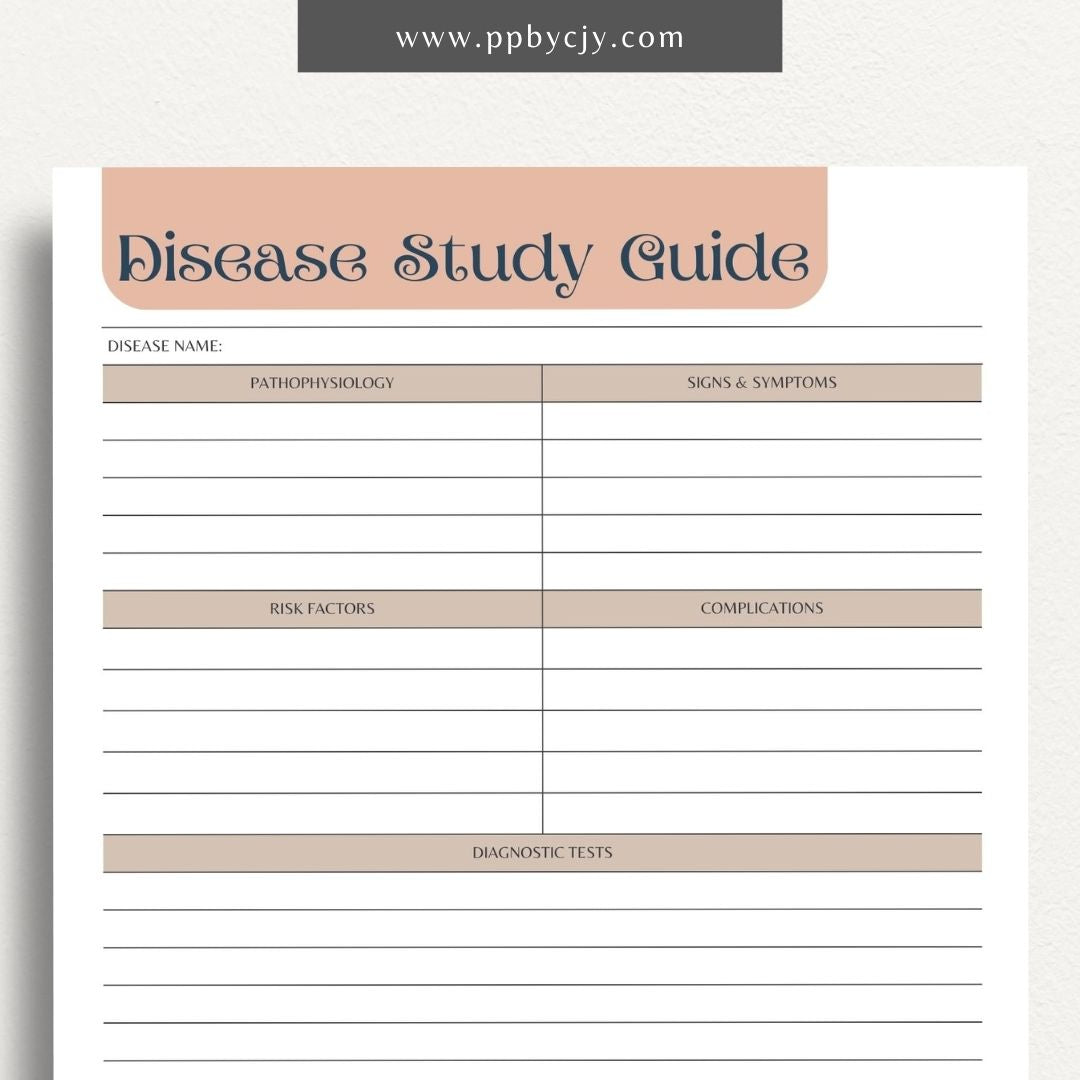 Disease Nursing School Study Guide Printable Template – Digital Download for Comprehensive Review of Diseases, Symptoms, Treatments, and Nursing Interventions.