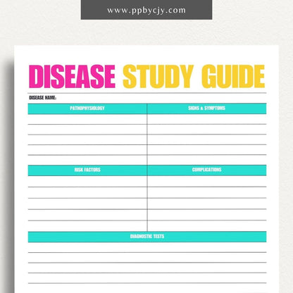 Disease Nursing School Study Guide Printable Template – Digital Download for Comprehensive Review of Diseases, Symptoms, Treatments, and Nursing Interventions.