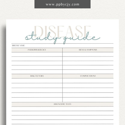 Disease Nursing School Study Guide Printable Template – Digital Download for Comprehensive Review of Diseases, Symptoms, Treatments, and Nursing Interventions.