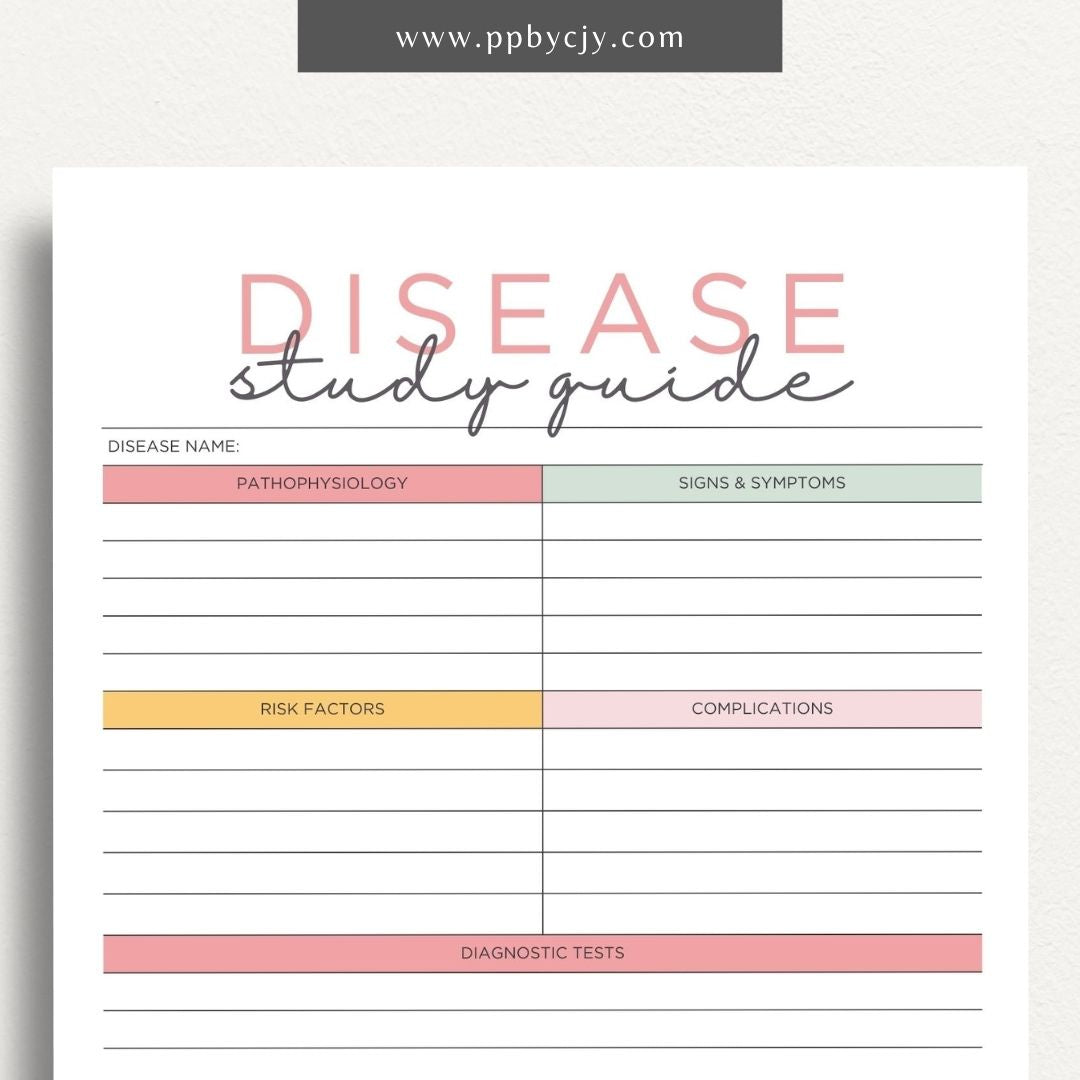 Disease Nursing School Study Guide Printable Template – Digital Download for Comprehensive Review of Diseases, Symptoms, Treatments, and Nursing Interventions.