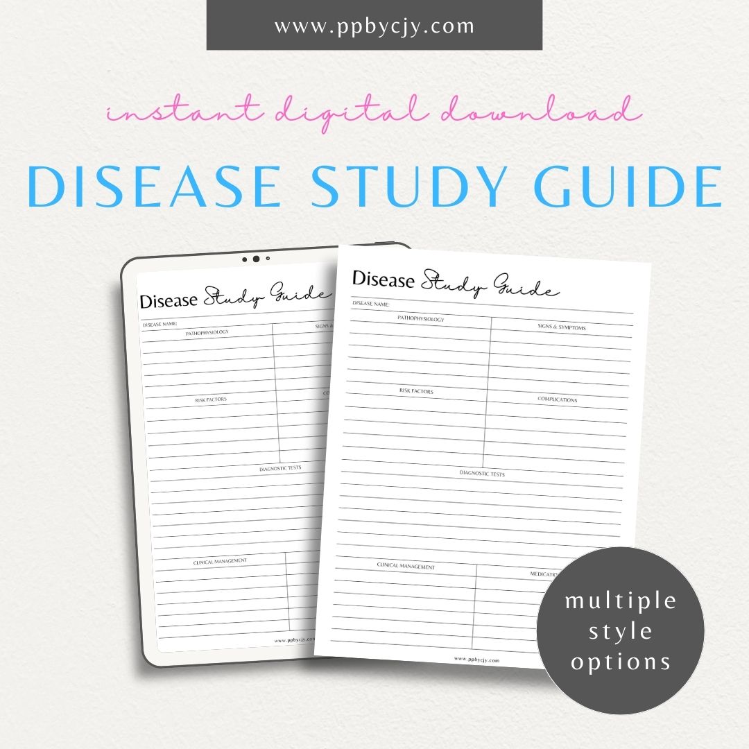 Disease Nursing School Study Guide Printable Template – Digital Download for Comprehensive Review of Diseases, Symptoms, Treatments, and Nursing Interventions.