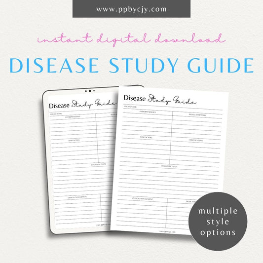 Disease Nursing School Study Guide Printable Template – Digital Download for Comprehensive Review of Diseases, Symptoms, Treatments, and Nursing Interventions.