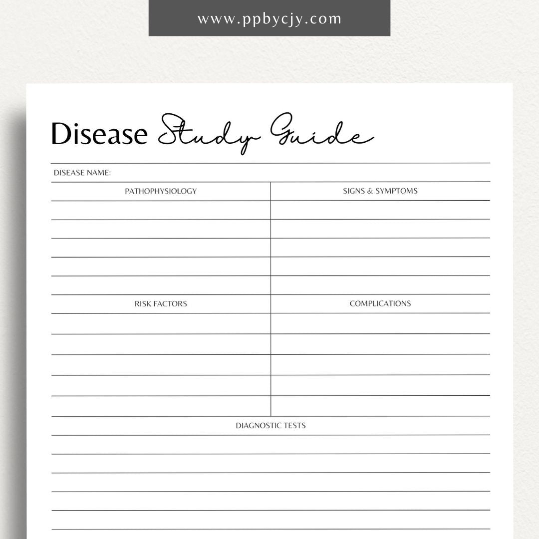 Disease Nursing School Study Guide Printable Template – Digital Download for Comprehensive Review of Diseases, Symptoms, Treatments, and Nursing Interventions.