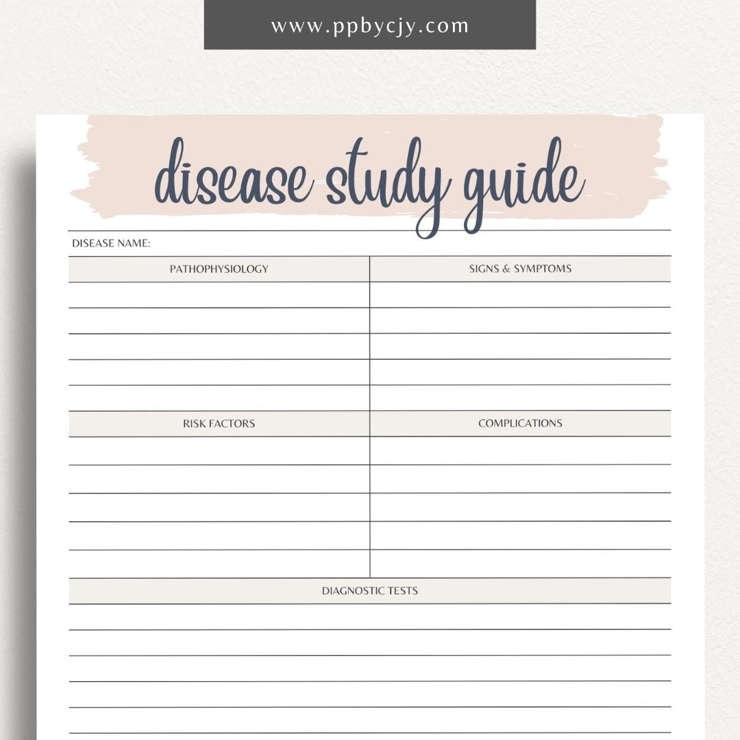 Disease Nursing School Study Guide Printable Template – Digital Download for Comprehensive Review of Diseases, Symptoms, Treatments, and Nursing Interventions.