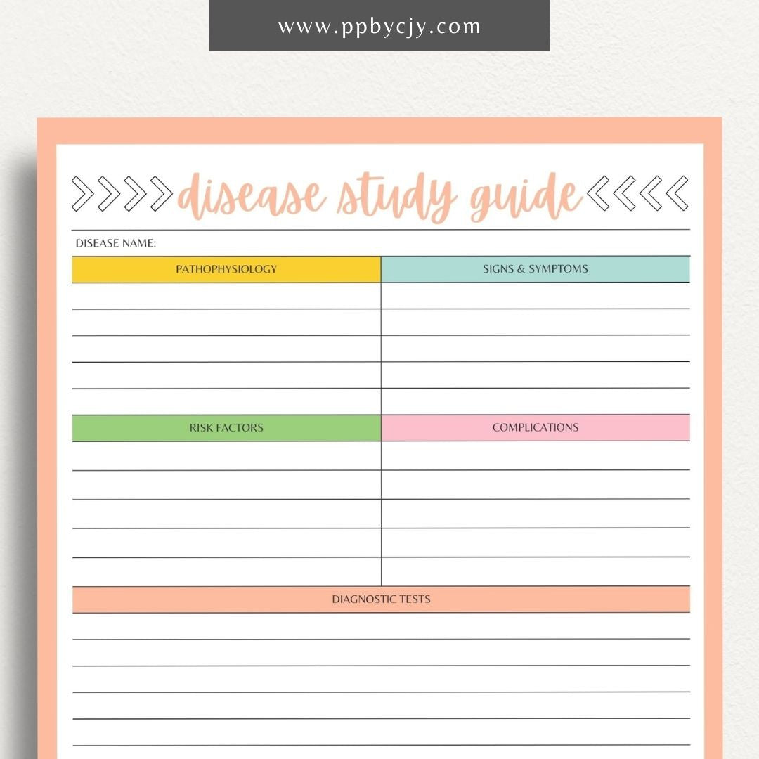 Disease Nursing School Study Guide Printable Template – Digital Download for Comprehensive Review of Diseases, Symptoms, Treatments, and Nursing Interventions.