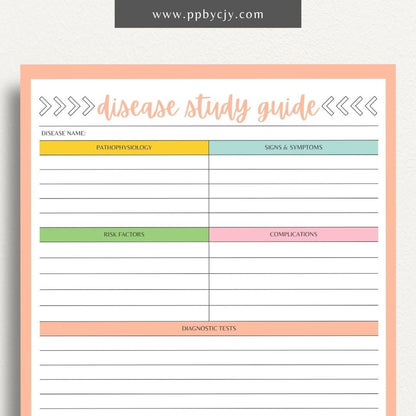 Disease Nursing School Study Guide Printable Template – Digital Download for Comprehensive Review of Diseases, Symptoms, Treatments, and Nursing Interventions.