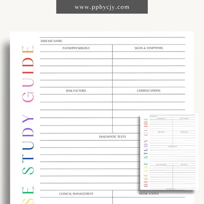 Disease Nursing School Study Guide Printable Template – Digital Download for Comprehensive Review of Diseases, Symptoms, Treatments, and Nursing Interventions.