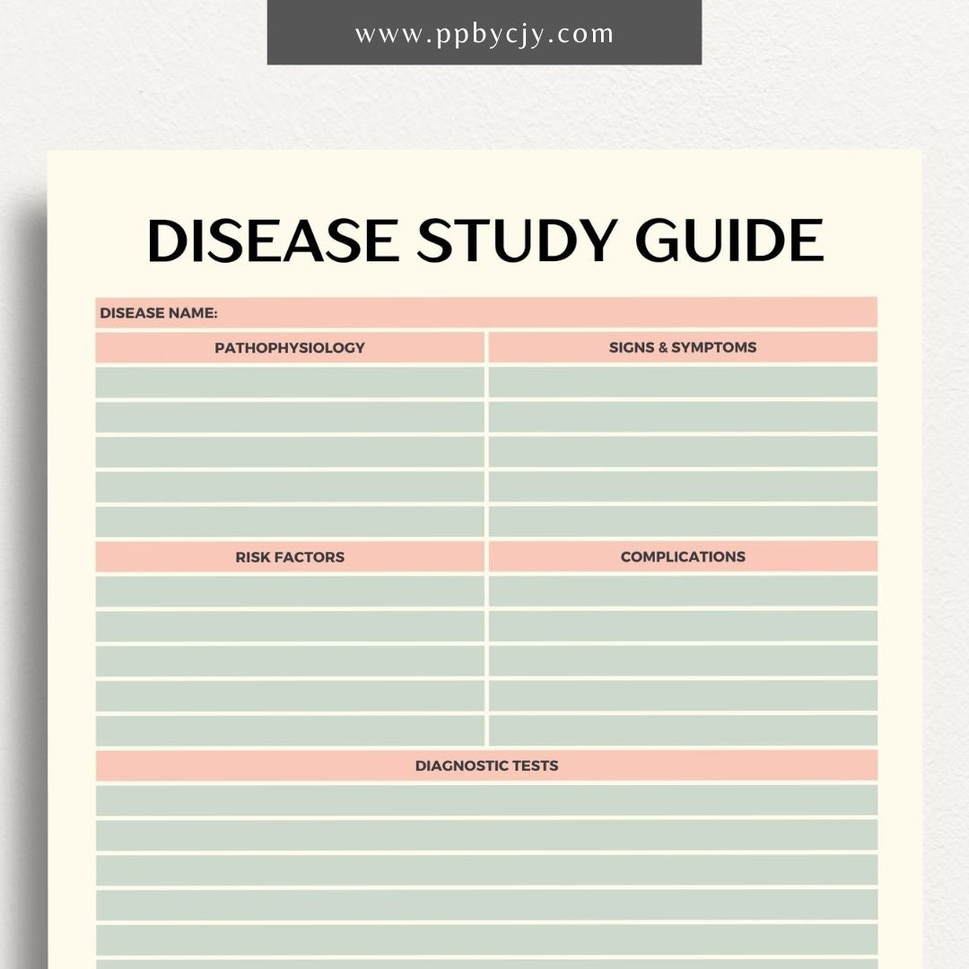 Disease Nursing School Study Guide Printable Template – Digital Download for Comprehensive Review of Diseases, Symptoms, Treatments, and Nursing Interventions.