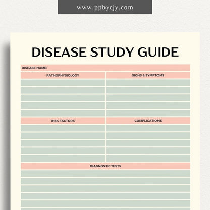 Disease Nursing School Study Guide Printable Template – Digital Download for Comprehensive Review of Diseases, Symptoms, Treatments, and Nursing Interventions.