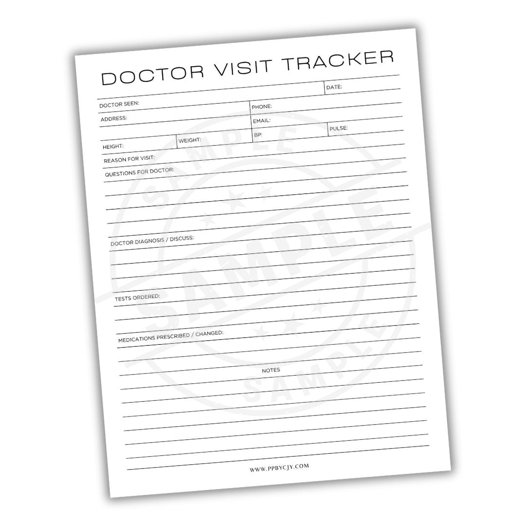 Doctor Visit Tracker sheet with lines for recording details on a white background