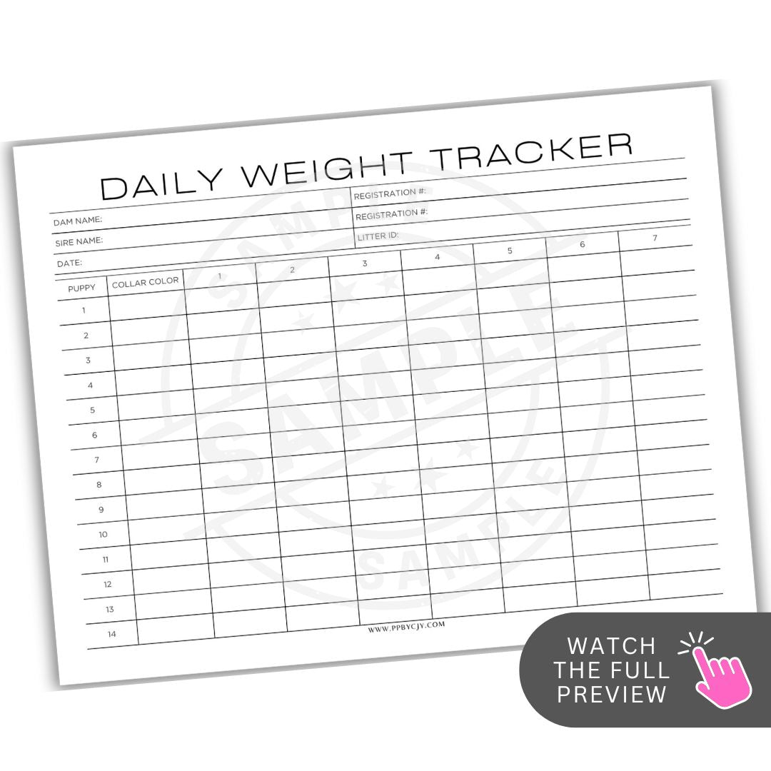 Daily weight tracker sheet for pets with a white background
