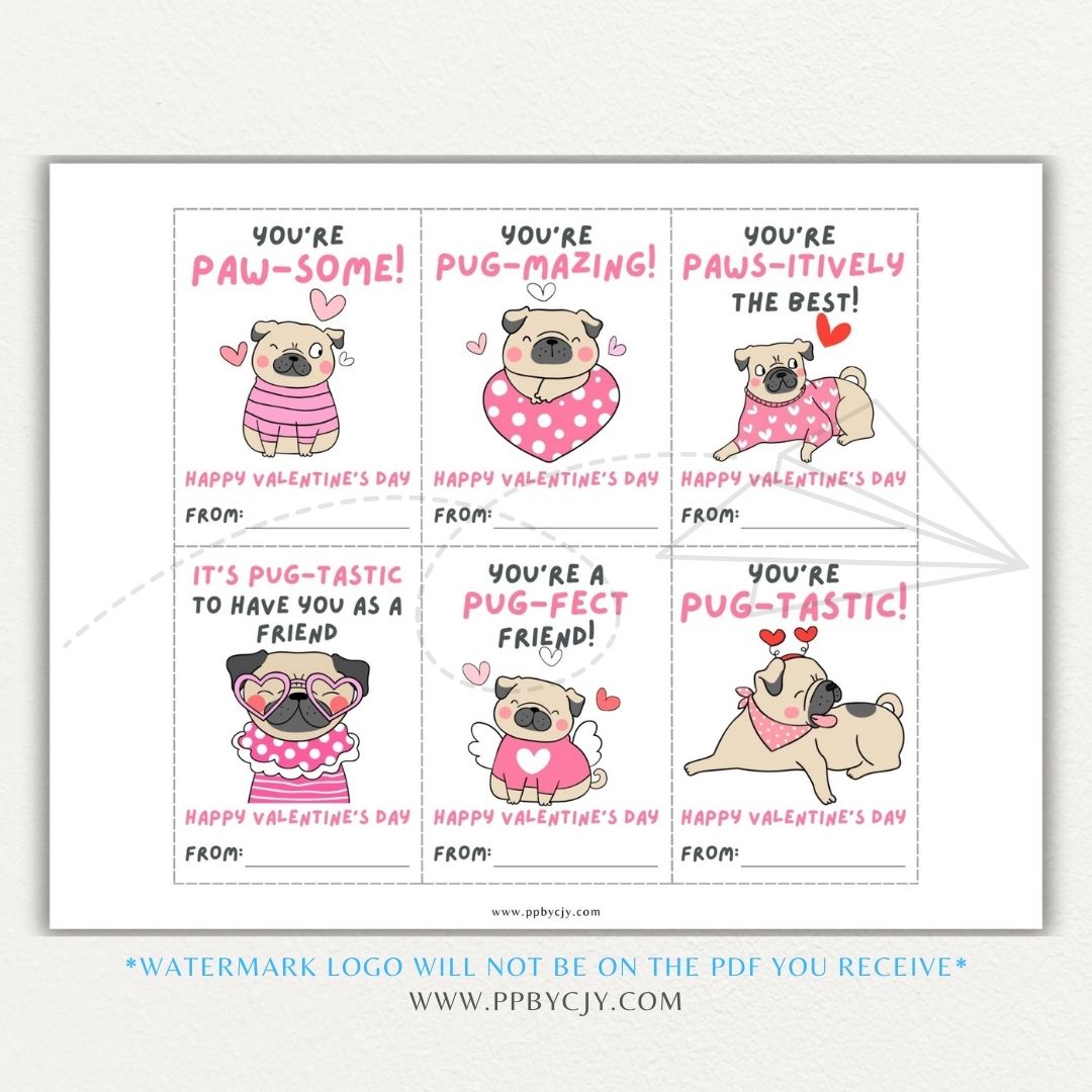 Pug-themed Valentine’s Day cards with adorable pug designs and fun pug-themed quotes for a playful Valentine’s greeting.
