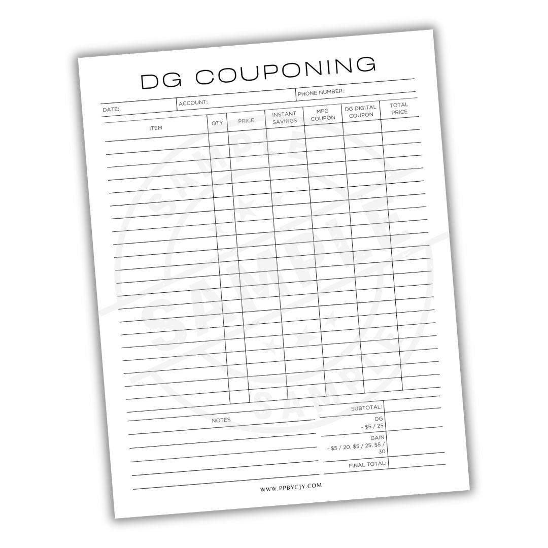 Blank couponing sheet with columns for DG Couponing on a white background