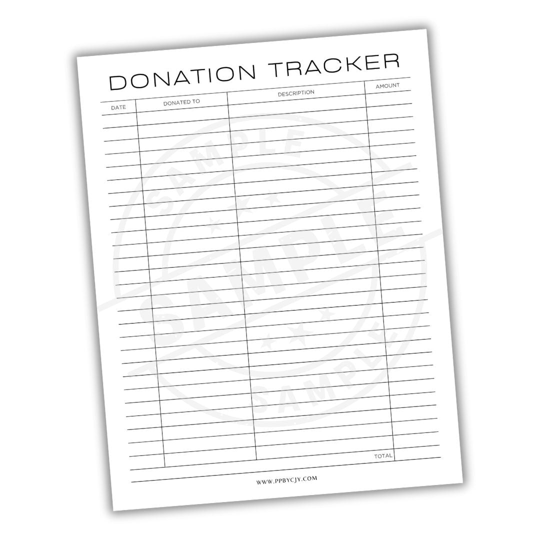 Donation tracker sheet with columns for date, donated to, description, and amount on a white background.