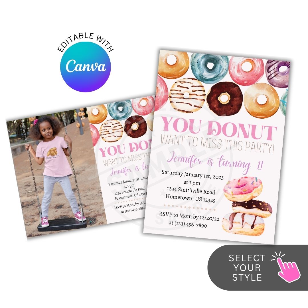 Donut-themed birthday party invitation with Canva logo and editable text option.