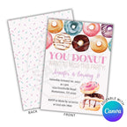 Donut-themed birthday party invitation with colorful donuts and sprinkles on a white background.