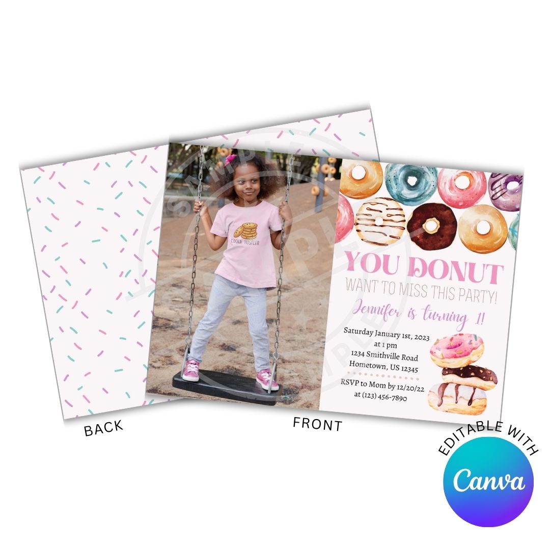 Party invitation with donut theme and editable feature with Canva logo