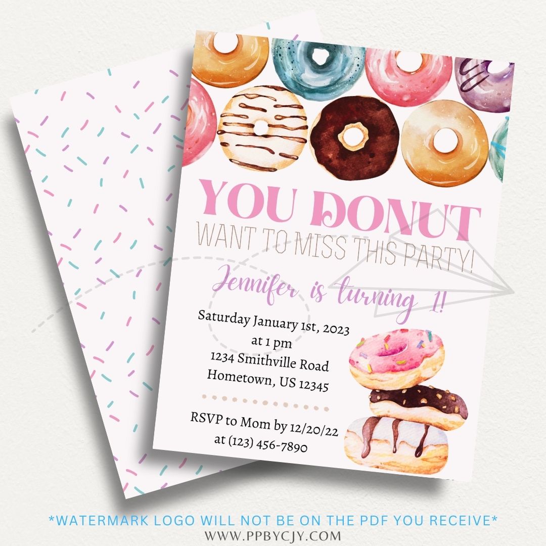 Donut Theme Printable Invitation featuring adorable donut illustrations with sprinkles and icing, perfect for donut-themed parties and celebrations.

