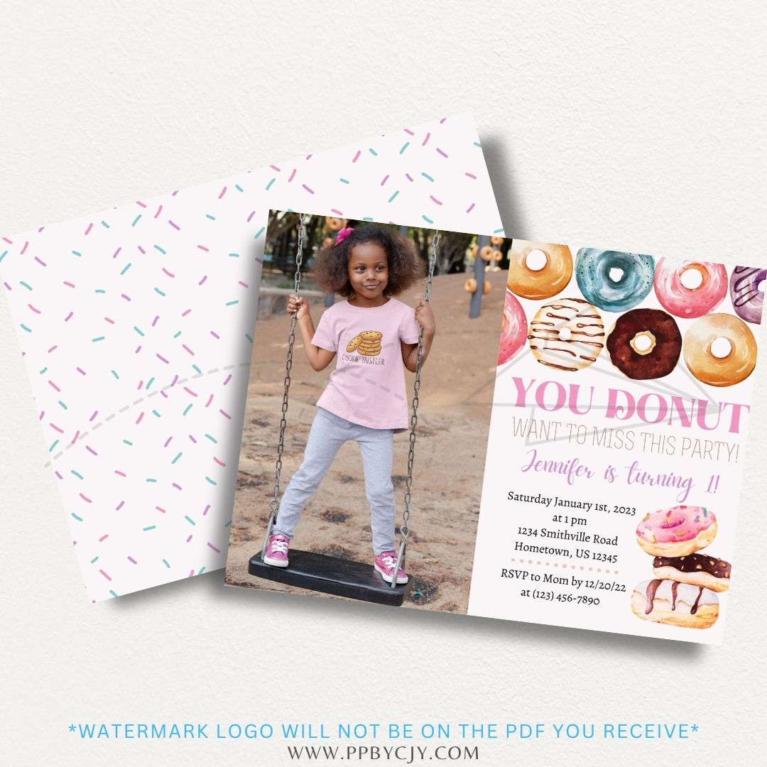 Donut Theme Printable Invitation featuring adorable donut illustrations with sprinkles and icing, perfect for donut-themed parties and celebrations.

