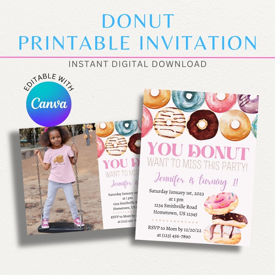 Donut Theme Printable Invitation featuring adorable donut illustrations with sprinkles and icing, perfect for donut-themed parties and celebrations.

