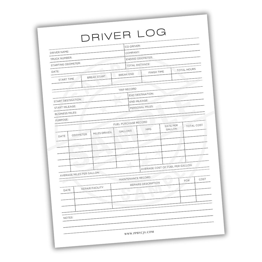 Driver log sheet with various fields for recording driving information on a white background.