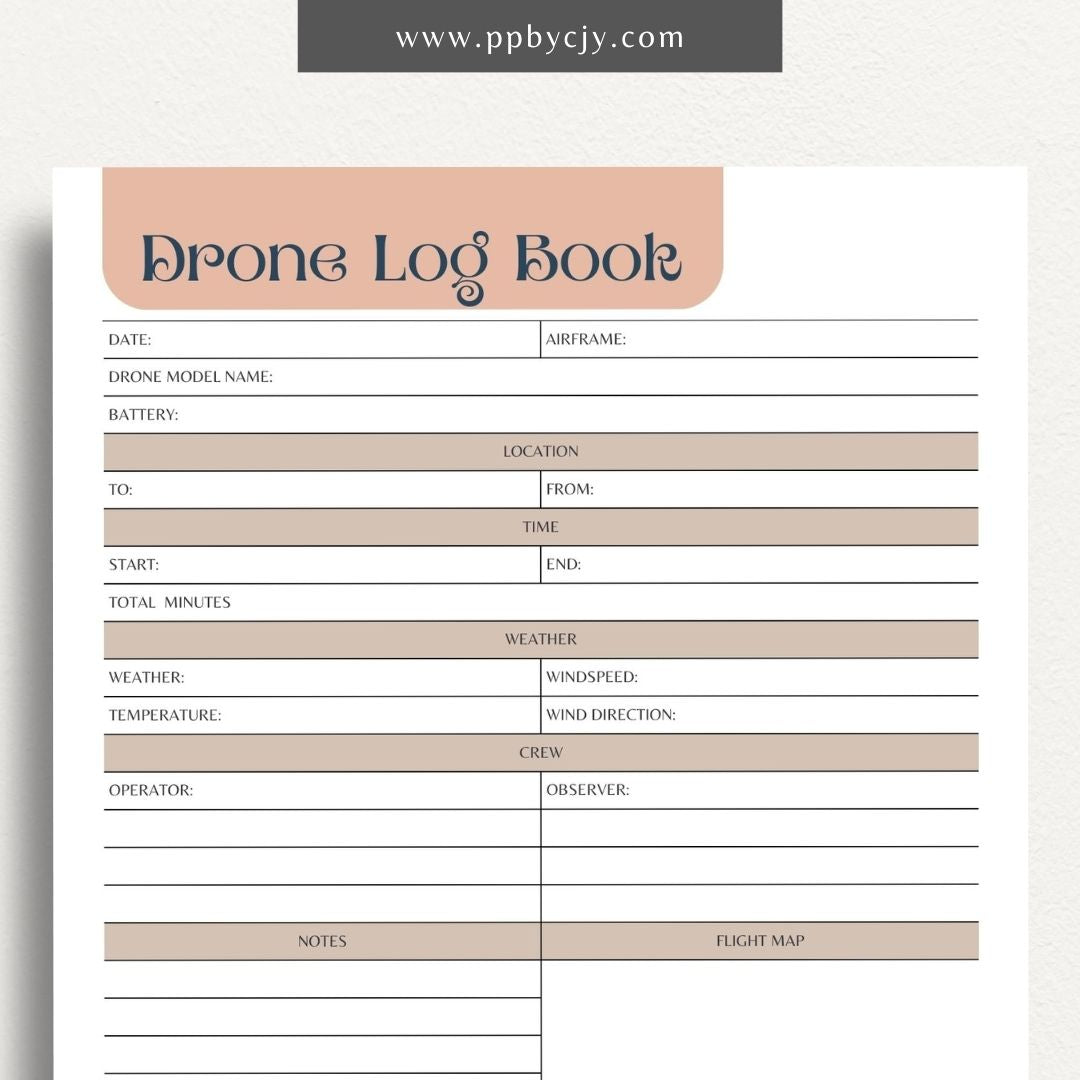 Drone Logbook Printable Template – Digital Download for Recording Drone Flights with sections for flight details, hours, locations, maintenance, and observations.