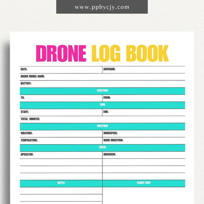 Drone Logbook Printable Template – Digital Download for Recording Drone Flights with sections for flight details, hours, locations, maintenance, and observations.