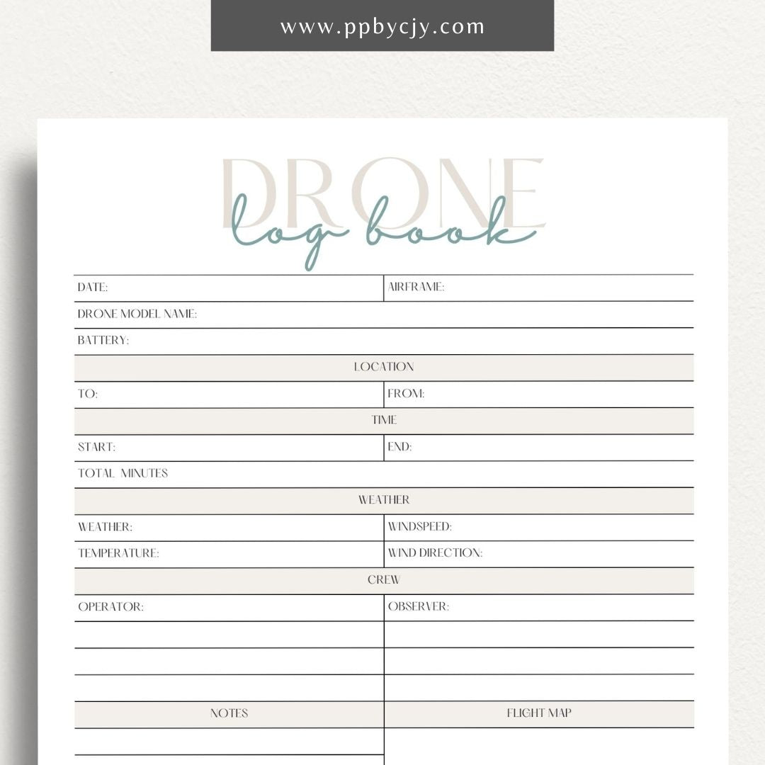 Drone Logbook Printable Template – Digital Download for Recording Drone Flights with sections for flight details, hours, locations, maintenance, and observations.