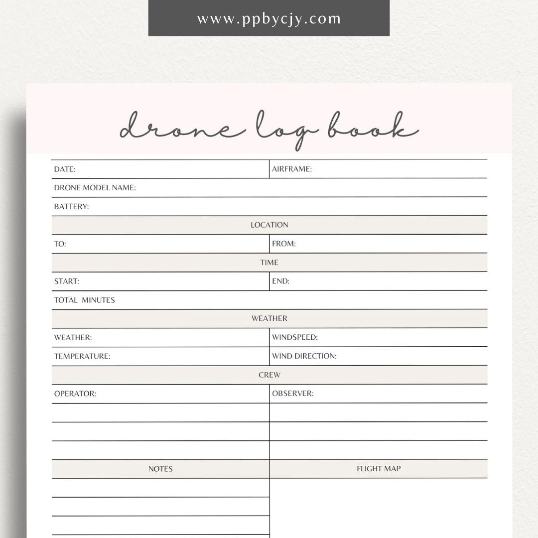 Drone Logbook Printable Template – Digital Download for Recording Drone Flights with sections for flight details, hours, locations, maintenance, and observations.