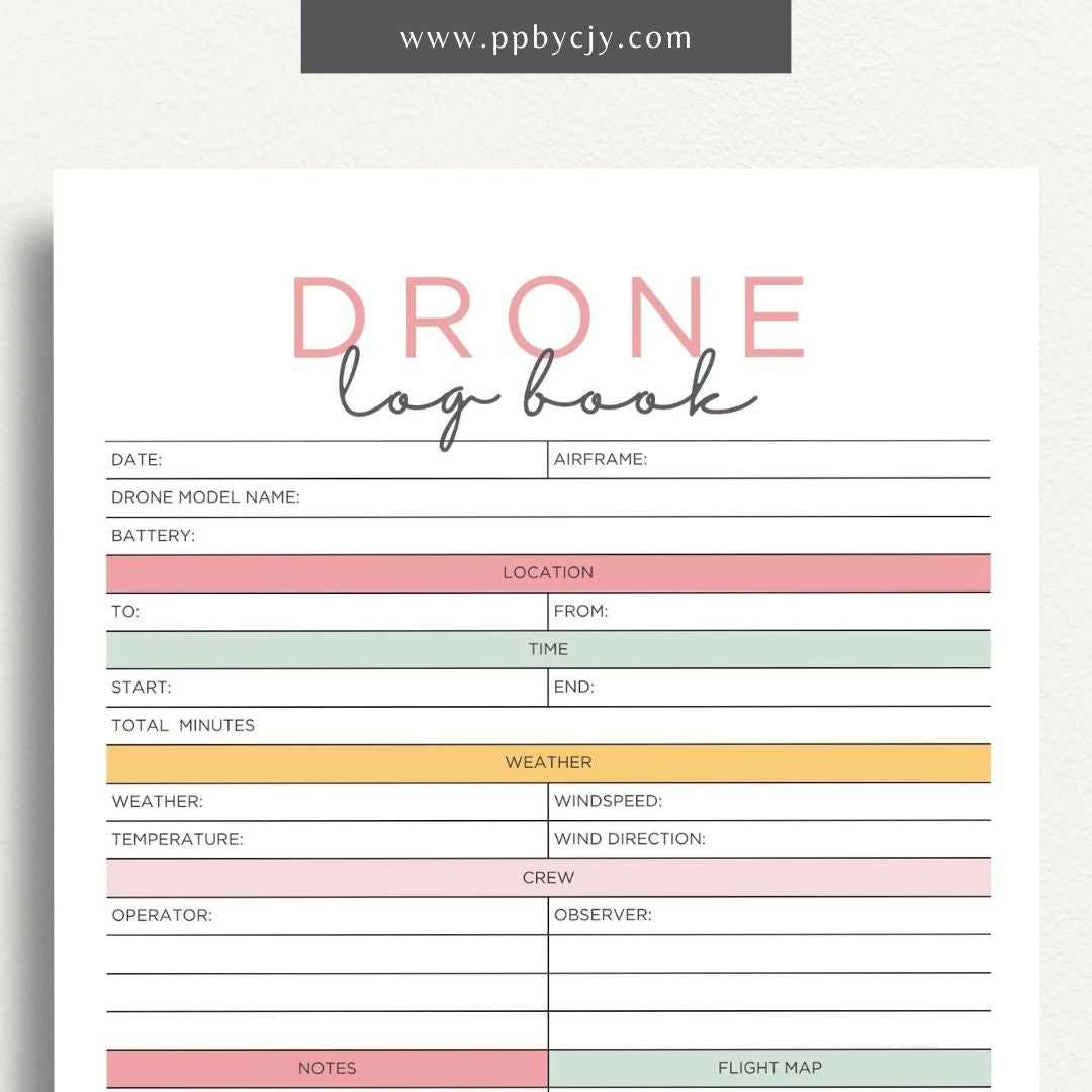 Drone Logbook Printable Template – Digital Download for Recording Drone Flights with sections for flight details, hours, locations, maintenance, and observations.