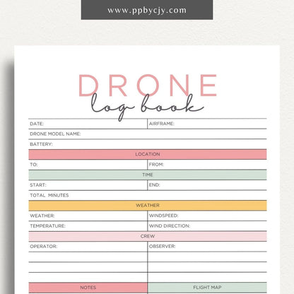 Drone Logbook Printable Template – Digital Download for Recording Drone Flights with sections for flight details, hours, locations, maintenance, and observations.