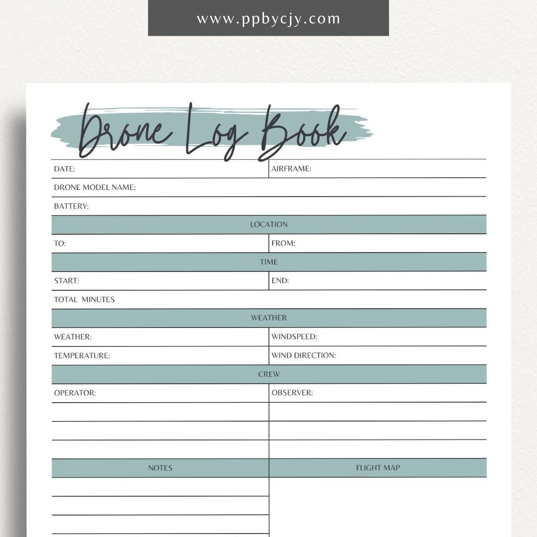 Drone Logbook Printable Template – Digital Download for Recording Drone Flights with sections for flight details, hours, locations, maintenance, and observations.