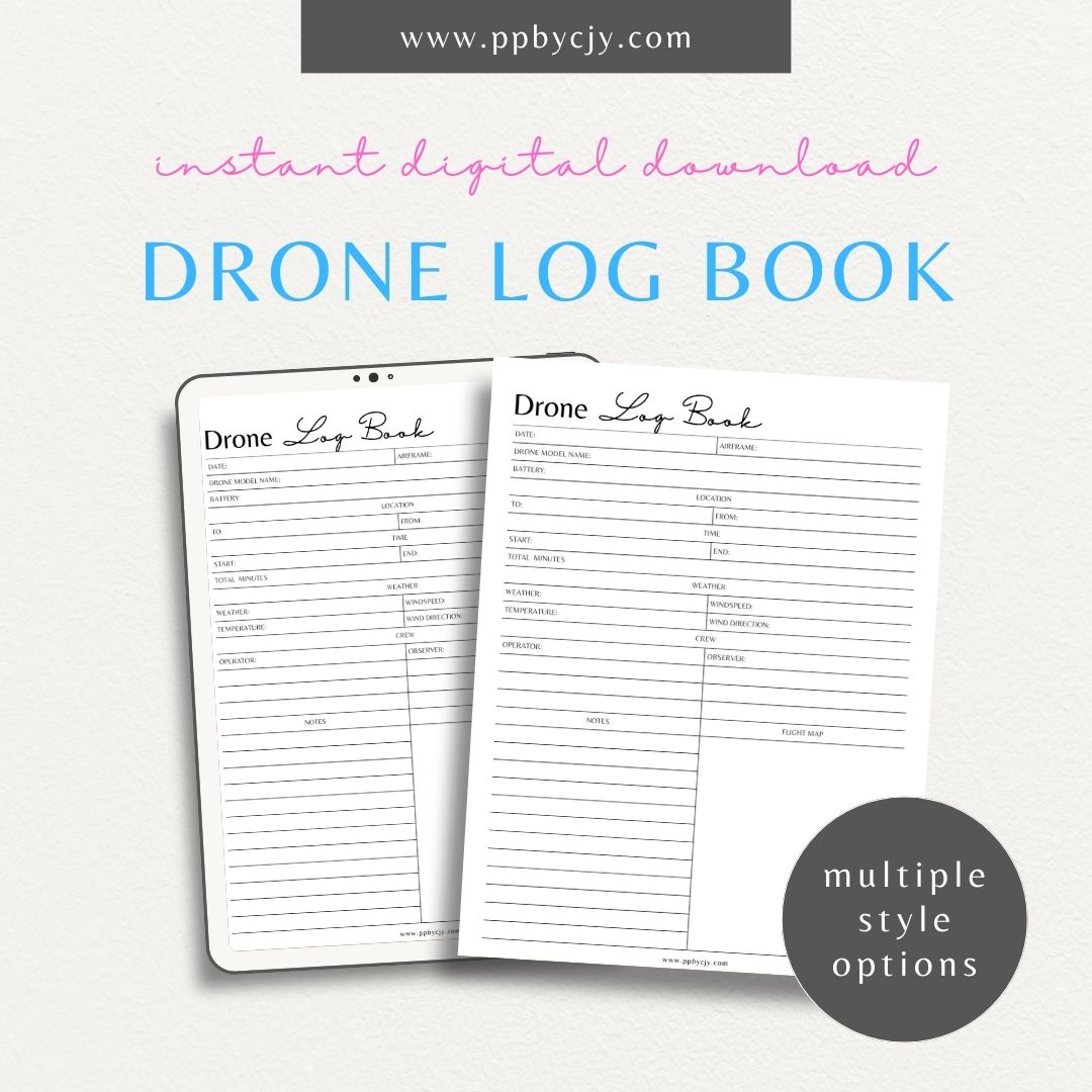 Drone Logbook Printable Template – Digital Download for Recording Drone Flights with sections for flight details, hours, locations, maintenance, and observations.