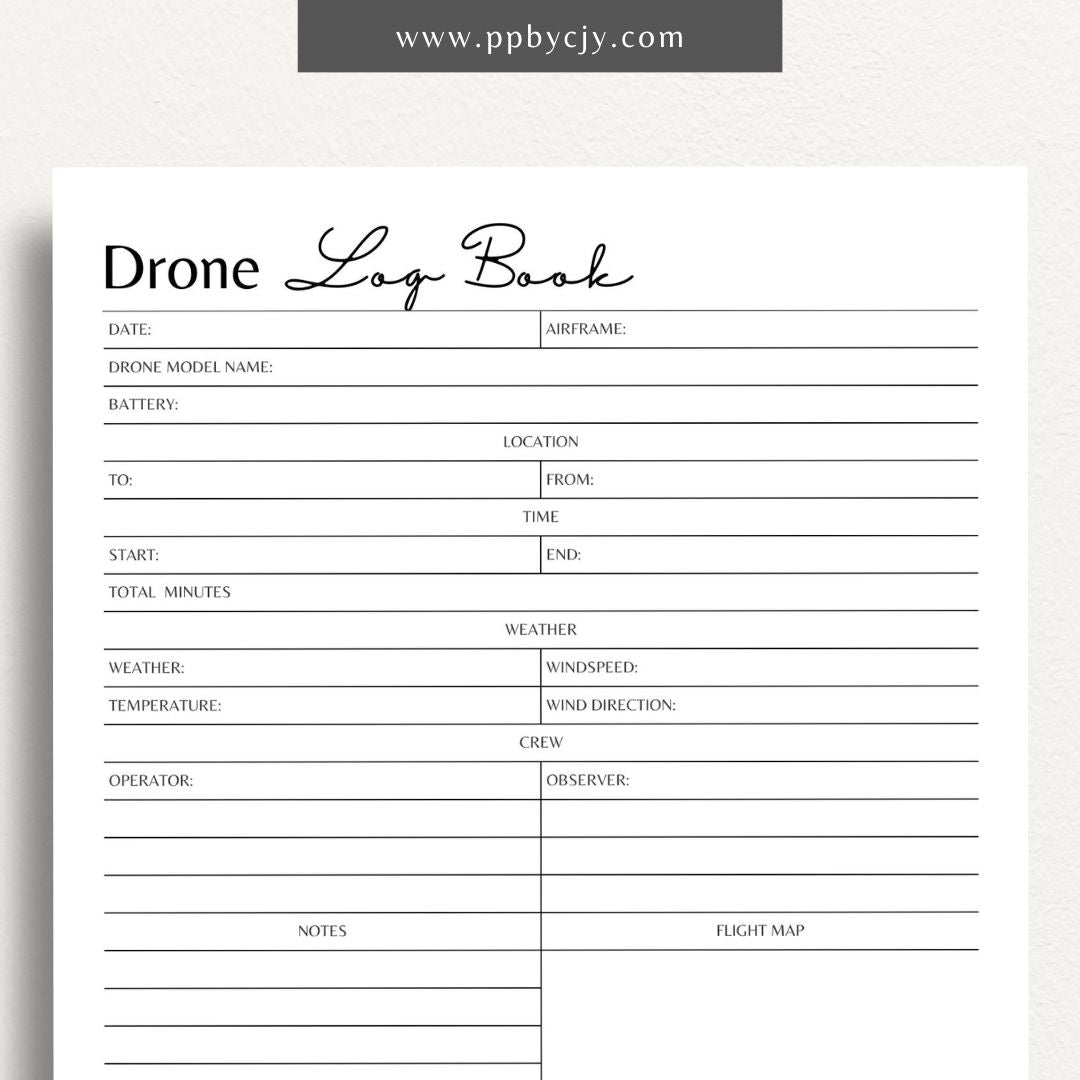 Drone Logbook Printable Template – Digital Download for Recording Drone Flights with sections for flight details, hours, locations, maintenance, and observations.